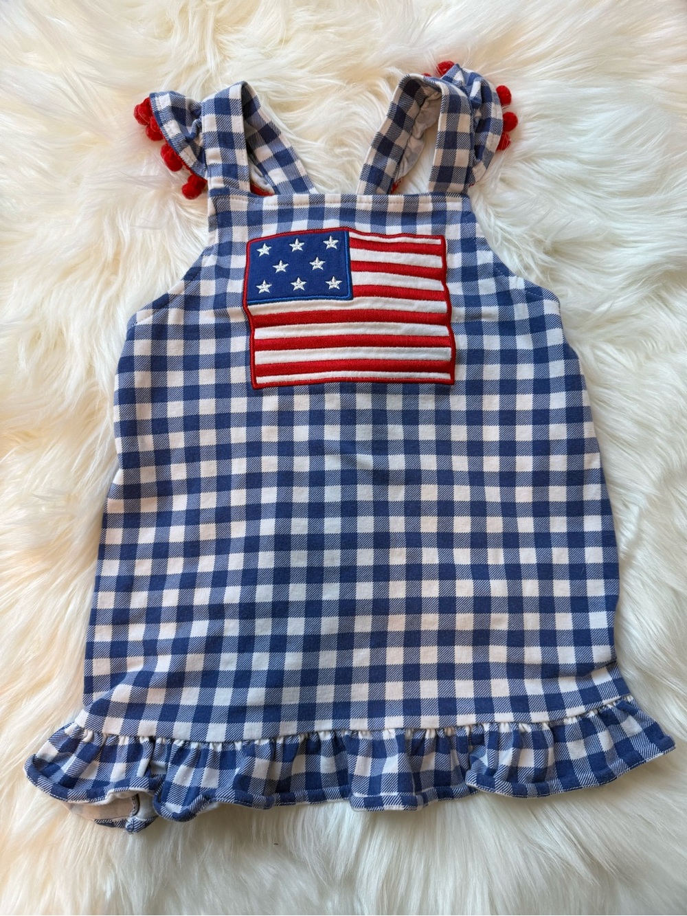 Classic Whimsy Blue Gingham Top with American Flag Size 6